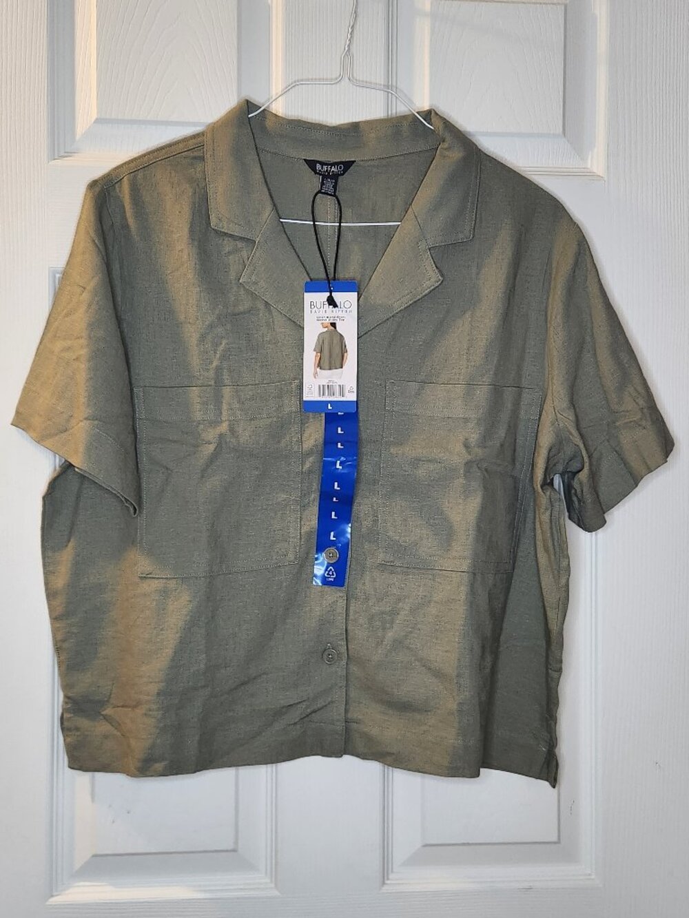 Large Light Olive Linen Blend Short Sleeve Utility Top
